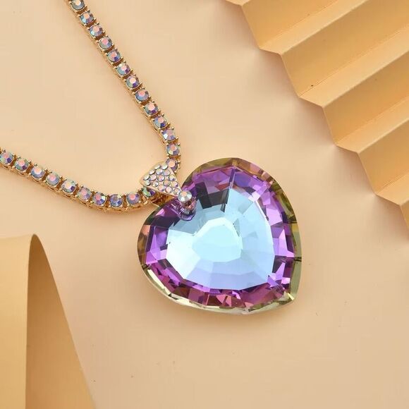 Purple Magic Color Glass and Austrian Crystal Heart of Ocean Pendant Necklace - Picture 1 of 6